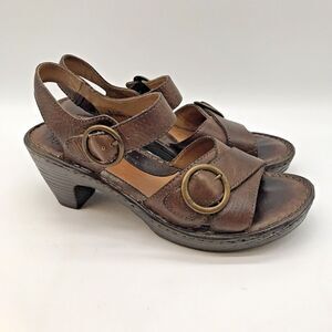 Børn Born Brown Leather Platform Sandals Women's 8 Strappy Double Buckle Heels